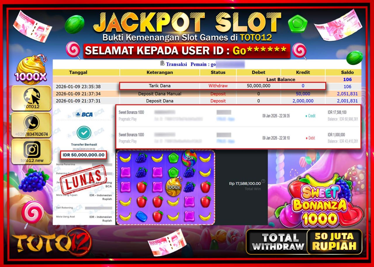 HANYA DI TOTO12 JP PASTI DI BAYAR LUNAS DAN CEPAT!!!!!! JACKPOT SLOT GAME (SWEET BONANZA 1000) Rp.50.000.000 !!!!