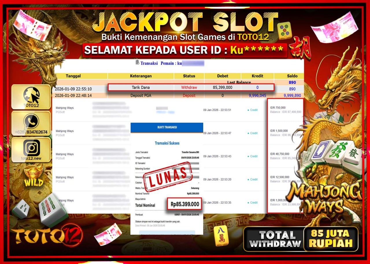 HANYA DI TOTO12 JP PASTI DI BAYAR LUNAS DAN CEPAT!!!!!! JACKPOT SLOT GAME (MAHJONG WAYS) Rp.85.399.000 !!!!