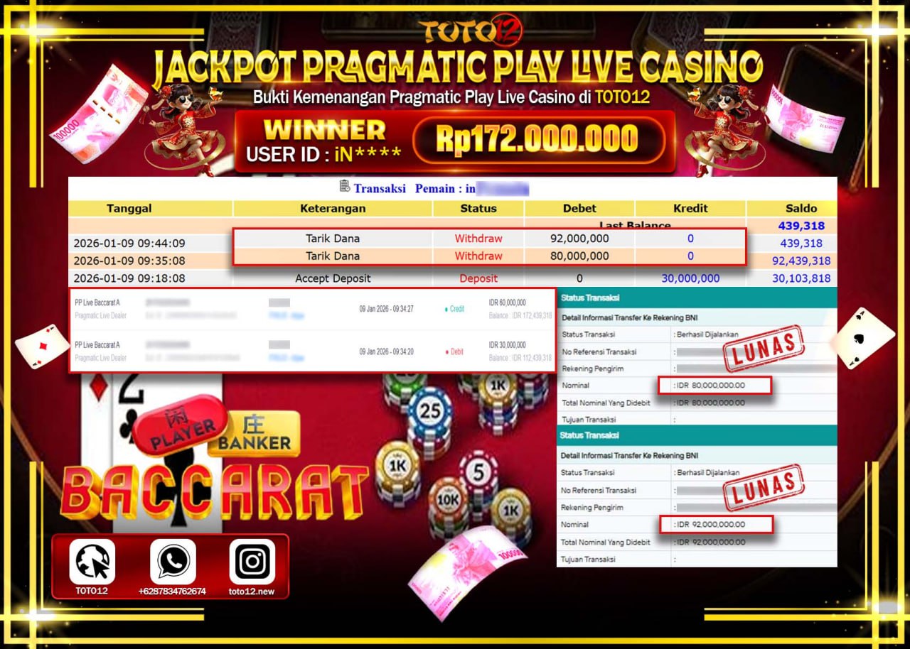 HANYA DI TOTO12 JP PASTI DI BAYAR LUNAS DAN CEPAT!!!!!! JACKPOT PRAGMATIC PLAY LIVE CASINO (BACCARAT) Rp.172.000.000 !!!!