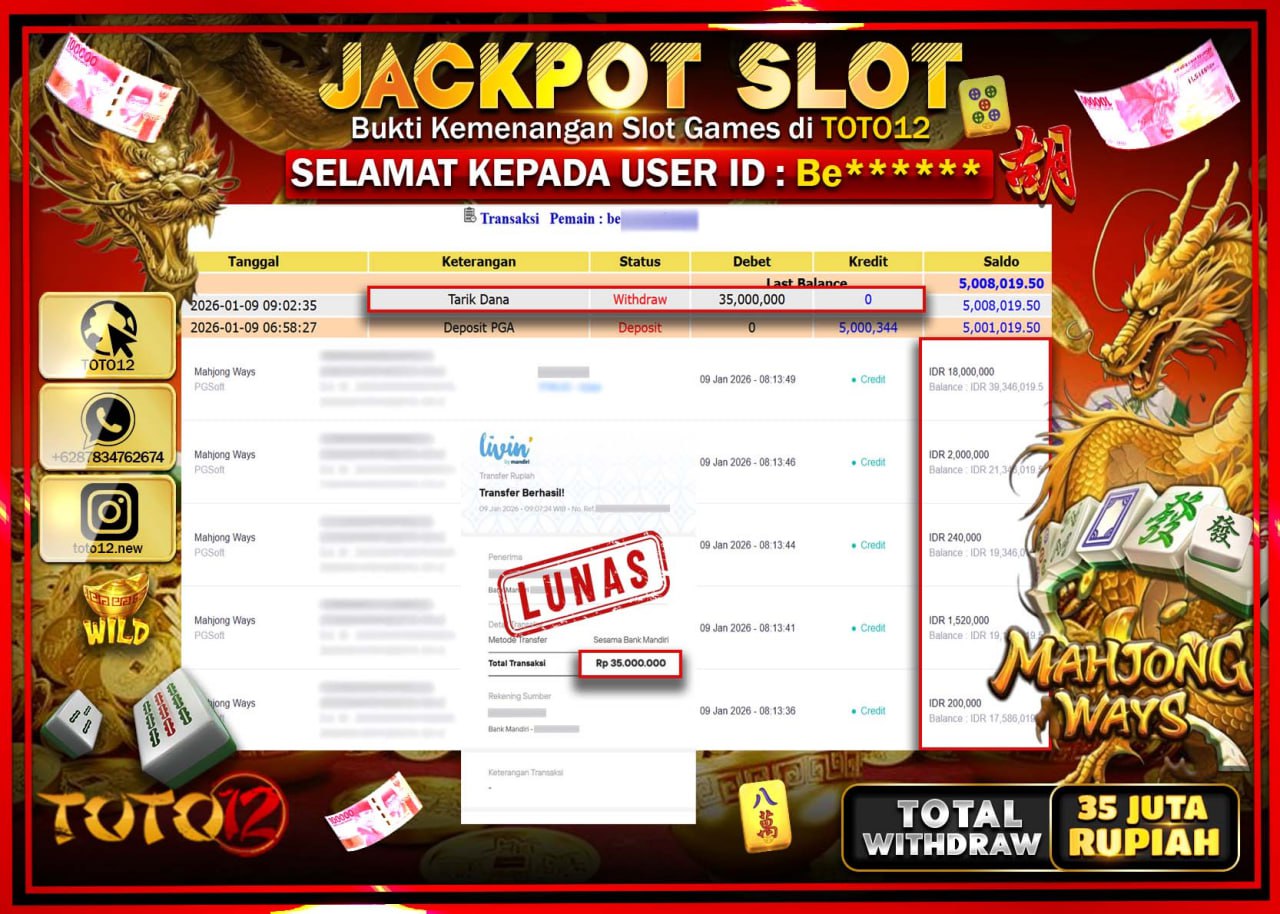 HANYA DI TOTO12 JP PASTI DI BAYAR LUNAS DAN CEPAT!!!!!! JACKPOT SLOT GAME (MAHJONG WAYS) Rp.35.000.000 !!!!