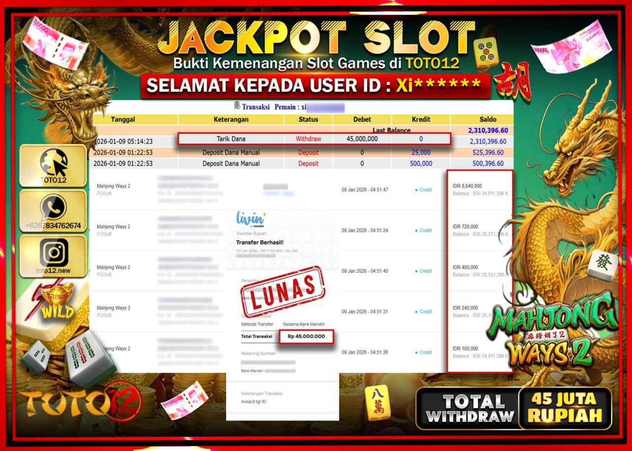 HANYA DI TOTO12 JP PASTI DI BAYAR LUNAS DAN CEPAT!!!!!! JACKPOT SLOT GAME (MAHJONG WAYS 2) Rp.45.000.000 !!!!