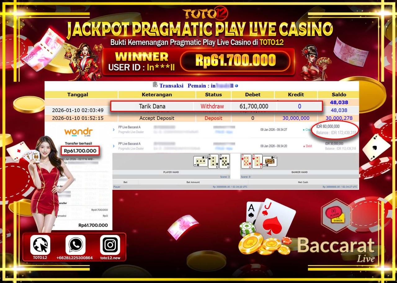 HANYA DI TOTO12 JP PASTI DI BAYAR LUNAS DAN CEPAT!!!!!! JACKPOT PRAGMATIC PLAY LIVE CASINO (BACCARAT) Rp.61.700.000 !!!!