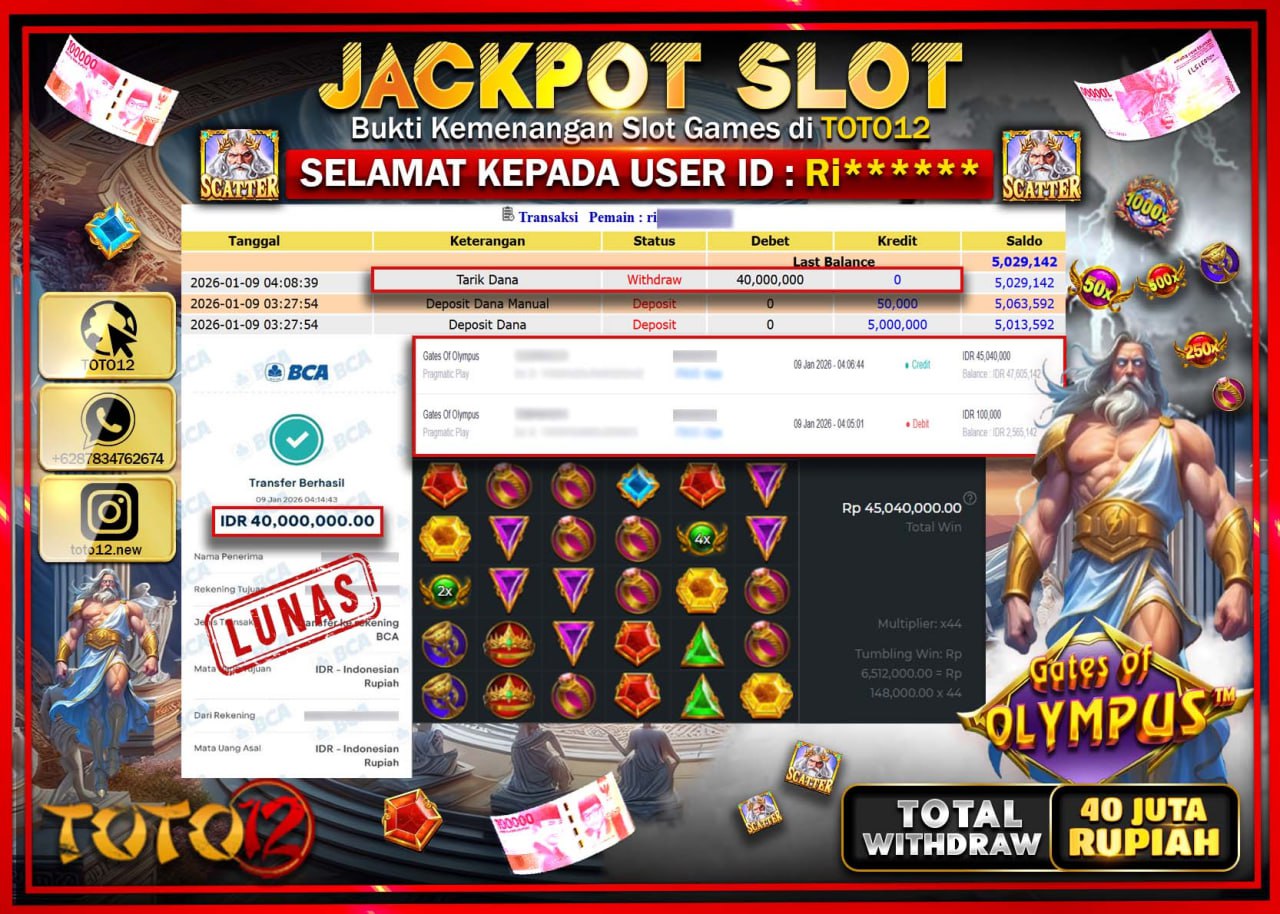 HANYA DI TOTO12 JP PASTI DI BAYAR LUNAS DAN CEPAT!!!!!! JACKPOT SLOT GAME (GATES OF OLYMPUS) Rp.40.000.000 !!!!