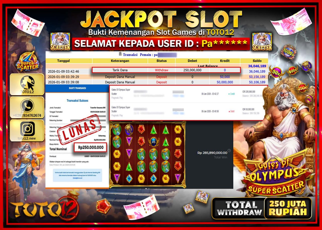 HANYA DI TOTO12 JP PASTI DI BAYAR LUNAS DAN CEPAT!!!!!! JACKPOT SLOT GAME (GATES OF OLYMPUS SUPER SCATTER) Rp.250.000.000 !!!!
