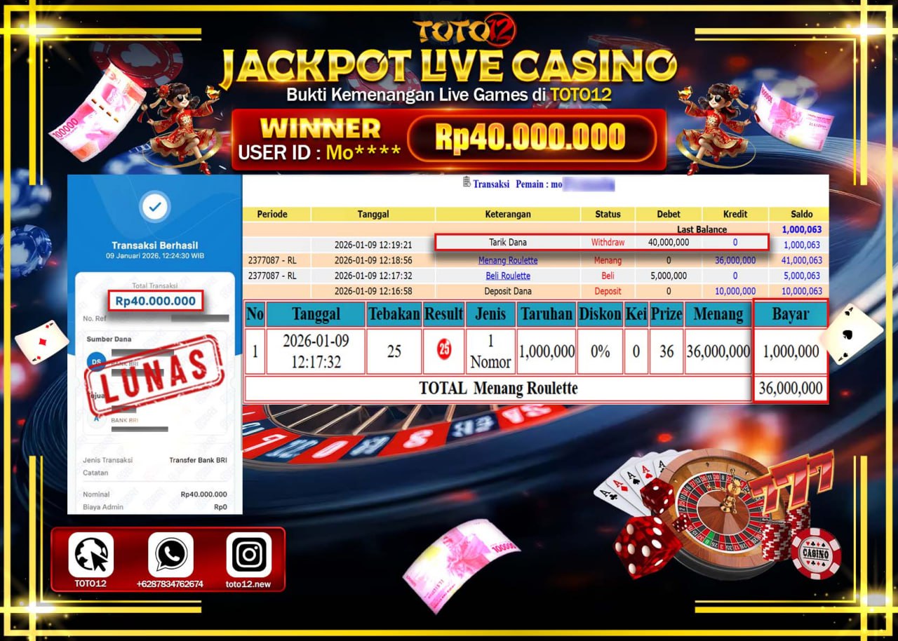 HANYA DI TOTO12 JP PASTI DI BAYAR LUNAS DAN CEPAT!!!!!! JACKPOT LIVE CASINO (ROULETTE) Rp.40.000.000 !!!!