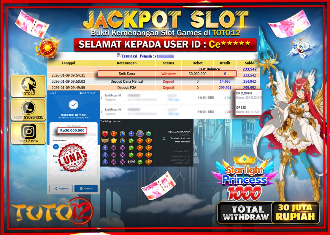 HANYA DI TOTO12 JP PASTI DI BAYAR LUNAS DAN CEPAT!!!!!! JACKPOT SLOT GAME (STARLIGHT PRINCESS 1000) Rp.30.000.000 !!!!