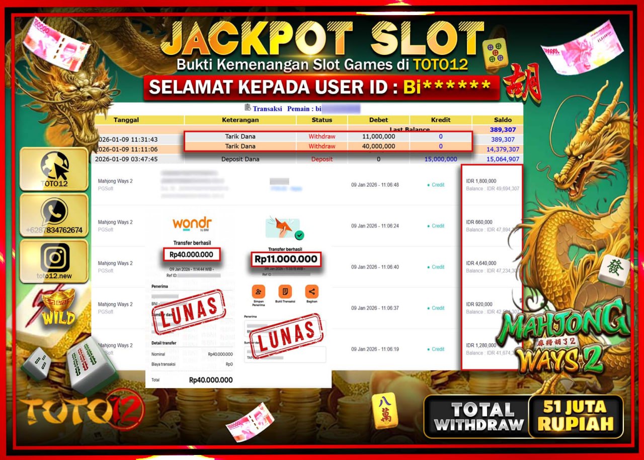 HANYA DI TOTO12 JP PASTI DI BAYAR LUNAS DAN CEPAT!!!!!! JACKPOT SLOT GAME (MAHJONG WAYS 2) Rp.51.000.000 !!!!