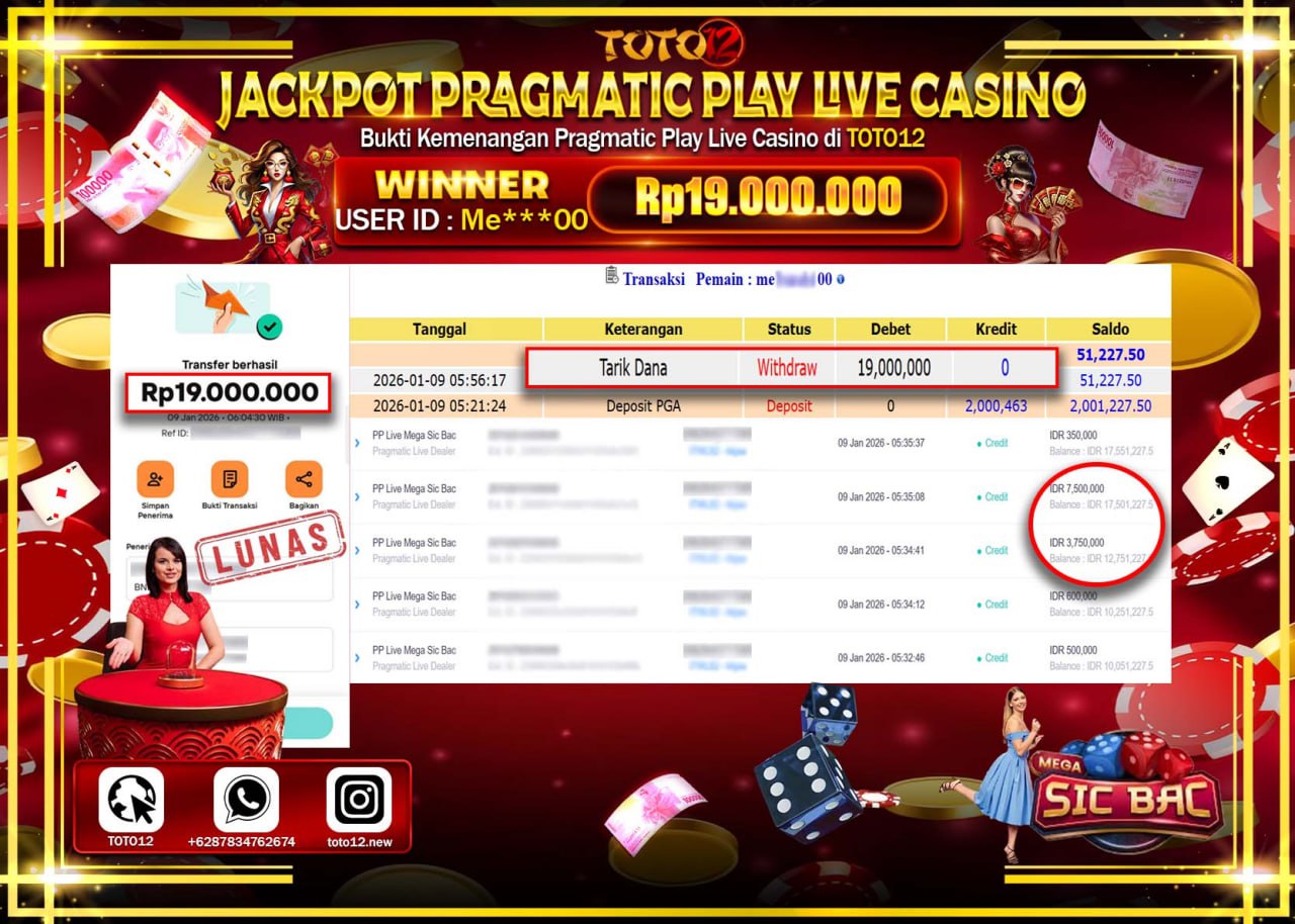 HANYA DI TOTO12 JP PASTI DI BAYAR LUNAS DAN CEPAT!!!!!! JACKPOT PRAGMATIC PLAY LIVE CASINO (MEGA SIC BAC) Rp.19.000.000 !!!!