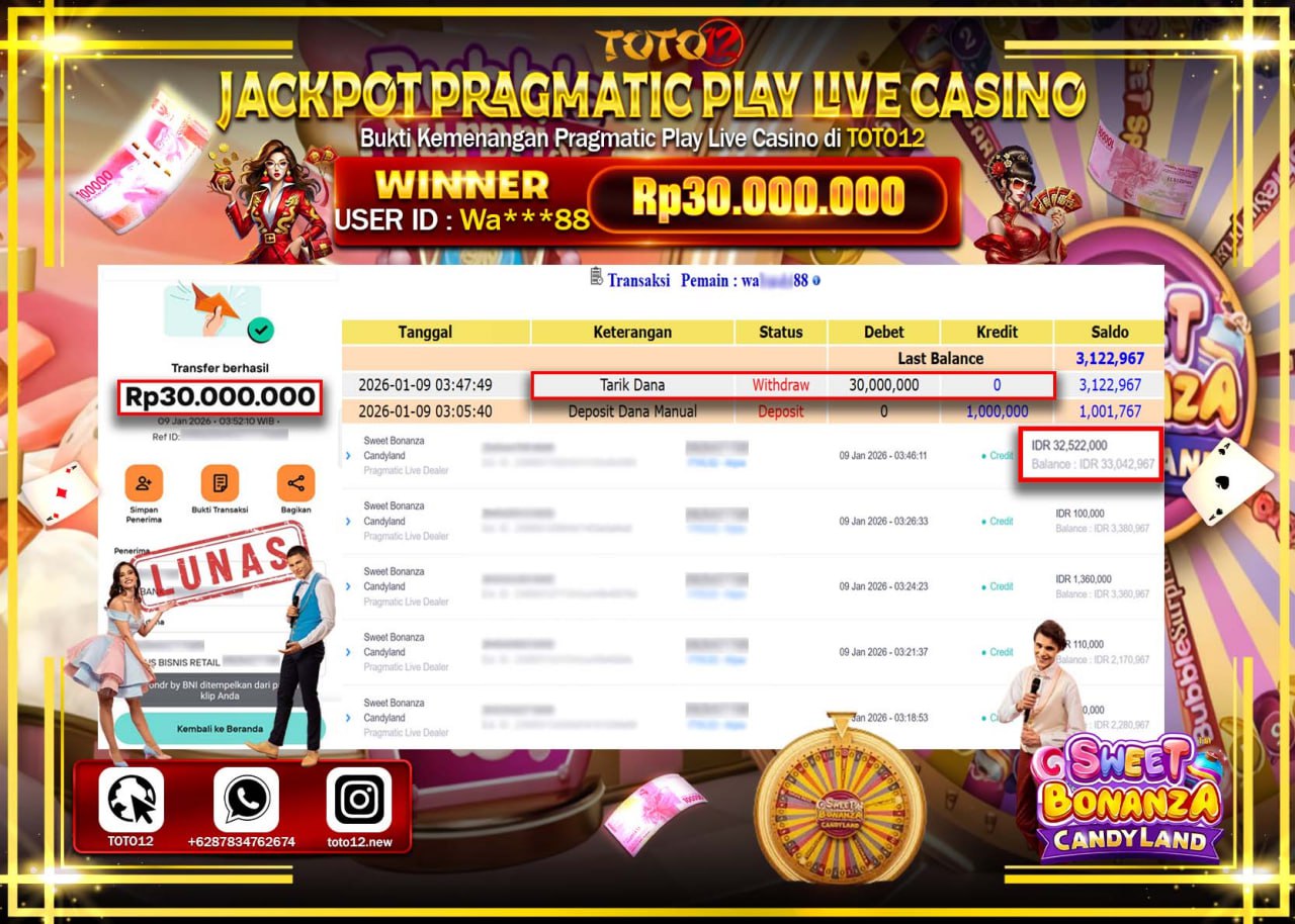 HANYA DI TOTO12 JP PASTI DI BAYAR LUNAS DAN CEPAT!!!!!! JACKPOT PRAGMATIC PLAY LIVE CASINO (SWEET BONANZA CANDY LAND) Rp.30.000.000 !!!!