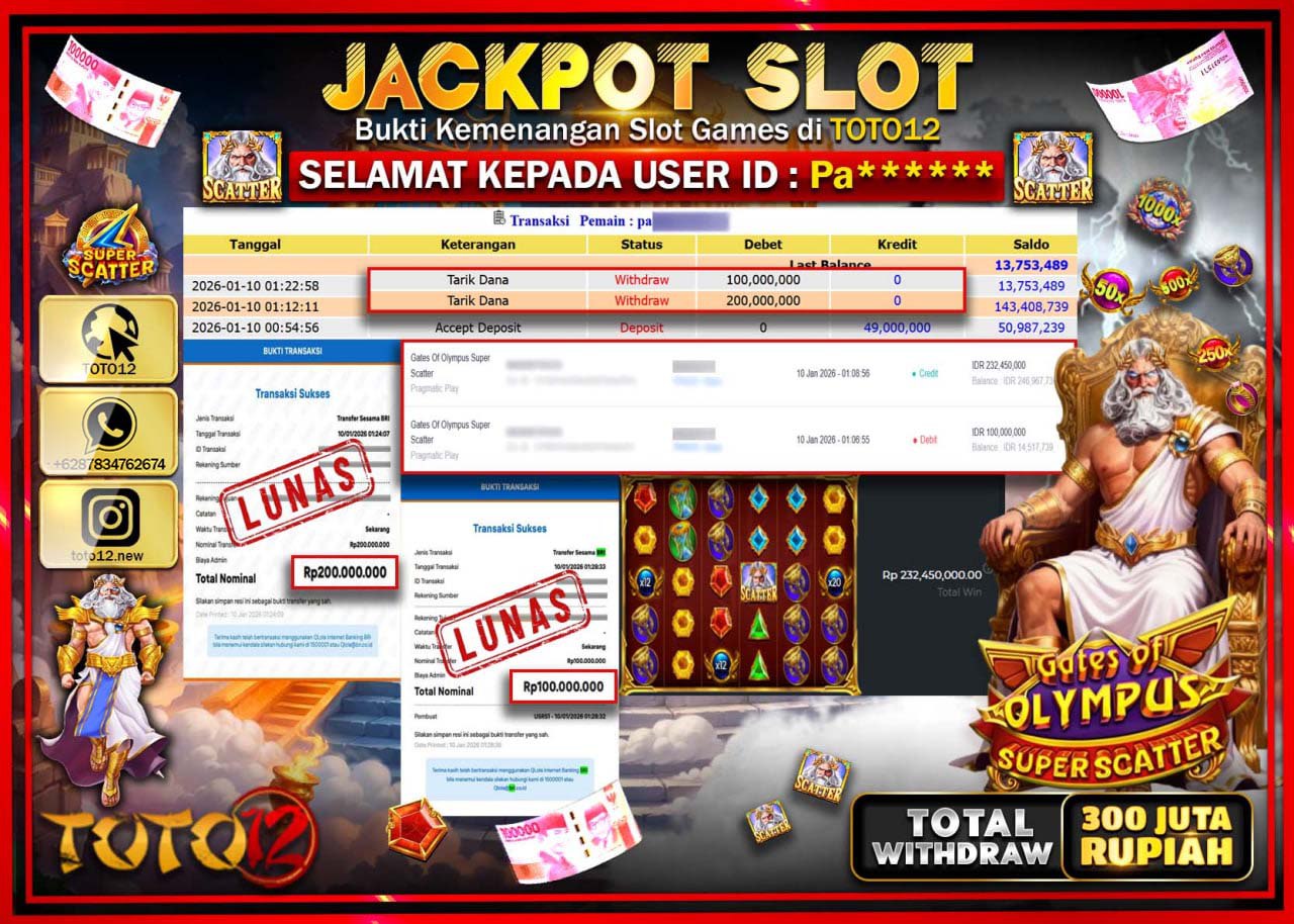 HANYA DI TOTO12 JP PASTI DI BAYAR LUNAS DAN CEPAT!!!!!! JACKPOT SLOT GAME (GATES OF OLYMPUS SUPER SCATTER) Rp.300.000.000 !!!!