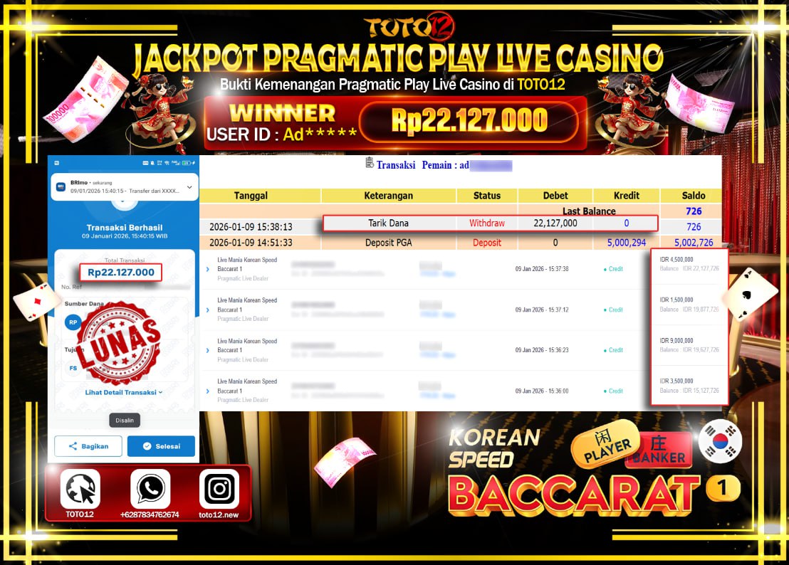 HANYA DI TOTO12 JP PASTI DI BAYAR LUNAS DAN CEPAT!!!!!! JACKPOT PRAGMATIC PLAY LIVE CASINO (KOREAN SPEED BACCARAT 1) Rp.22.127.000 !!!!