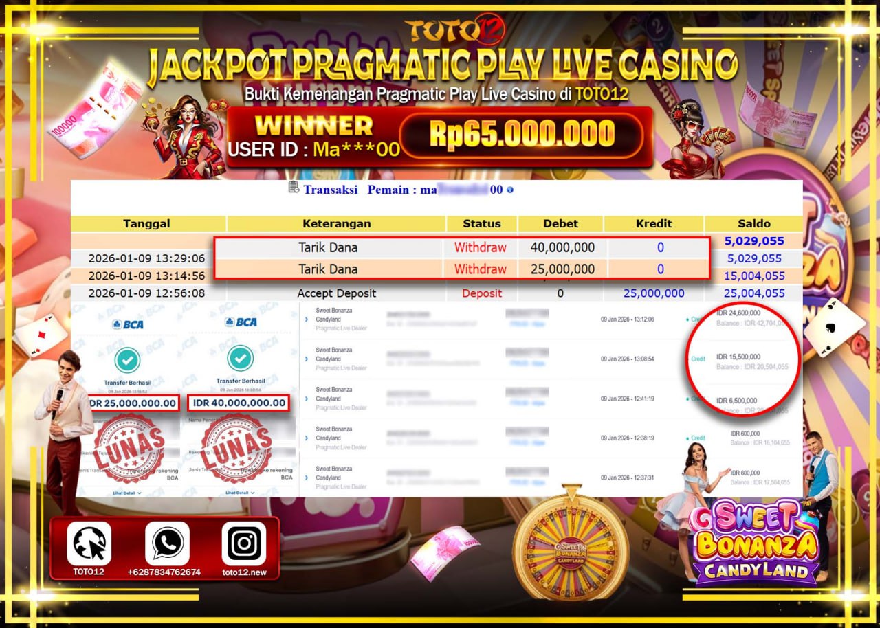 HANYA DI TOTO12 JP PASTI DI BAYAR LUNAS DAN CEPAT!!!!!! JACKPOT PRAGMATIC PLAY LIVE CASINO (SWEET BONANZA CANDY LAND) Rp.65.000.000 !!!!