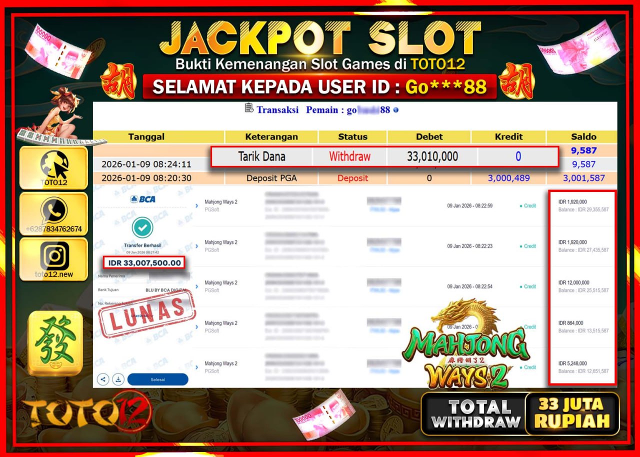 HANYA DI TOTO12 JP PASTI DI BAYAR LUNAS DAN CEPAT!!!!!! JACKPOT SLOT GAME (MAHJONG WAYS 2) Rp.33.010.000 !!!!