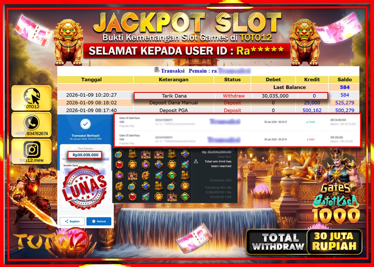 HANYA DI TOTO12 JP PASTI DI BAYAR LUNAS DAN CEPAT!!!!!! JACKPOT SLOT GAME (GATES OF GATOT KACA 1000) Rp.30.035.000 !!!!