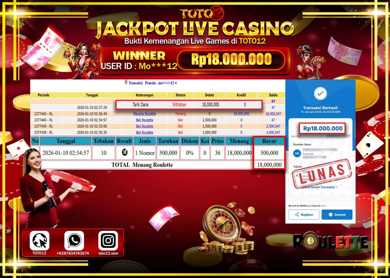 HANYA DI TOTO12 JP PASTI DI BAYAR LUNAS DAN CEPAT!!!!!! JACKPOT LIVE CASINO (ROULETTE) Rp.18.000.000 !!!!