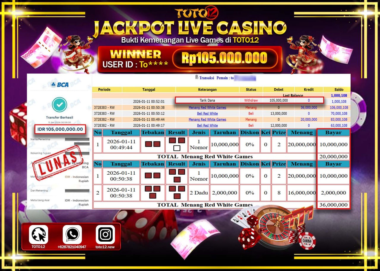 HANYA DI TOTO12 JP PASTI DI BAYAR LUNAS DAN CEPAT!!!!!! JACKPOT LIVE CASINO (RED WHITE GAMES) Rp.105.000.000 !!!!