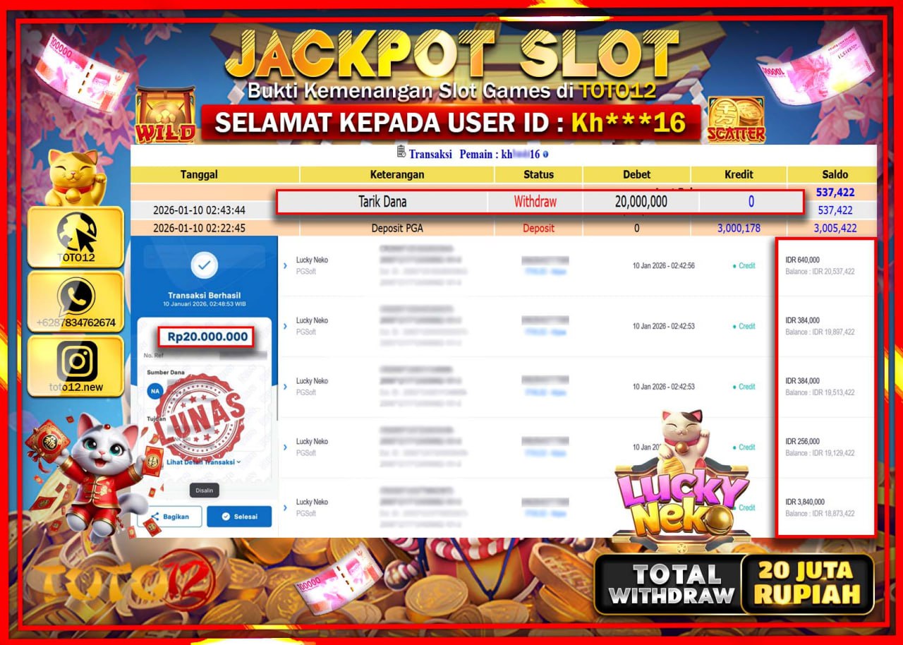 HANYA DI TOTO12 JP PASTI DI BAYAR LUNAS DAN CEPAT!!!!!! JACKPOT SLOT GAME (LUCKY NEKO) Rp.20.000.000 !!!!