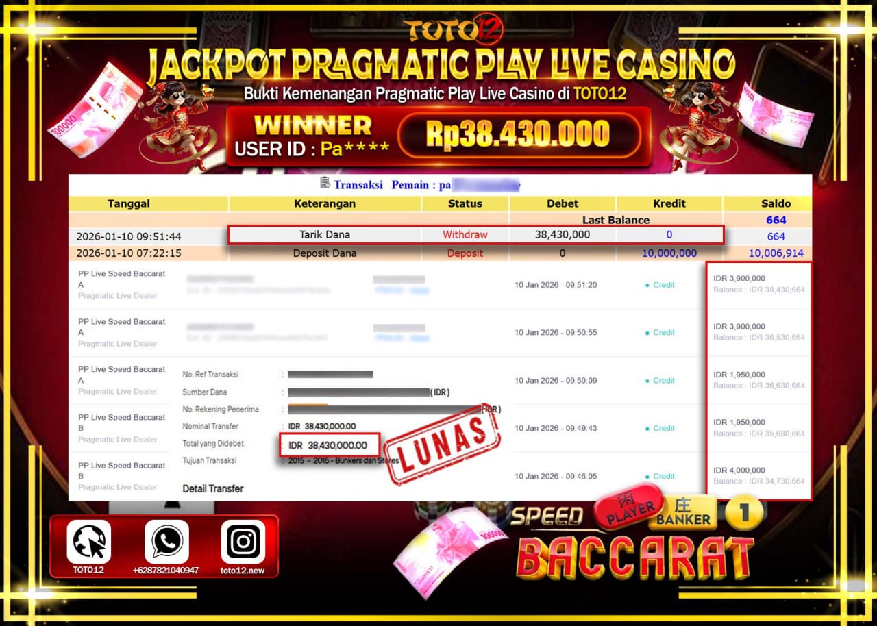 HANYA DI TOTO12 JP PASTI DI BAYAR LUNAS DAN CEPAT!!!!!! JACKPOT PRAGMATIC PLAY LIVE CASINO (SPEED BACCARAT) Rp.38.430.000 !!!!