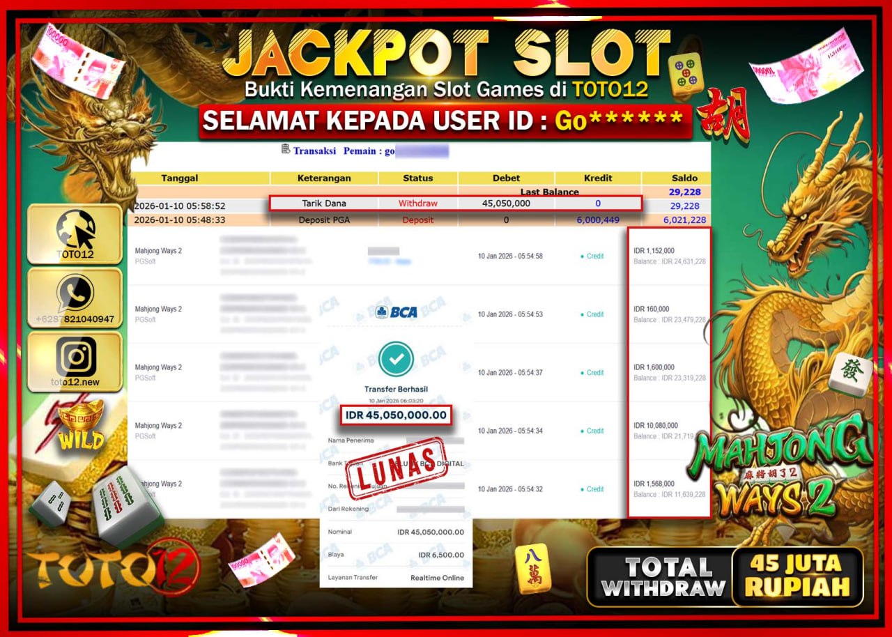 HANYA DI TOTO12 JP PASTI DI BAYAR LUNAS DAN CEPAT!!!!!! JACKPOT SLOT GAME (MAHJONG WAYS 2) Rp.45.050.000 !!!!