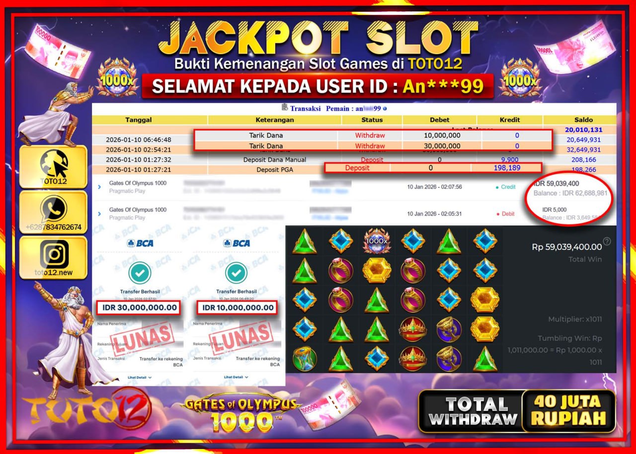 HANYA DI TOTO12 JP PASTI DI BAYAR LUNAS DAN CEPAT!!!!!! JACKPOT SLOT GAME (GATES OF OLYMPUS 1000) Rp.40.000.000 !!!!