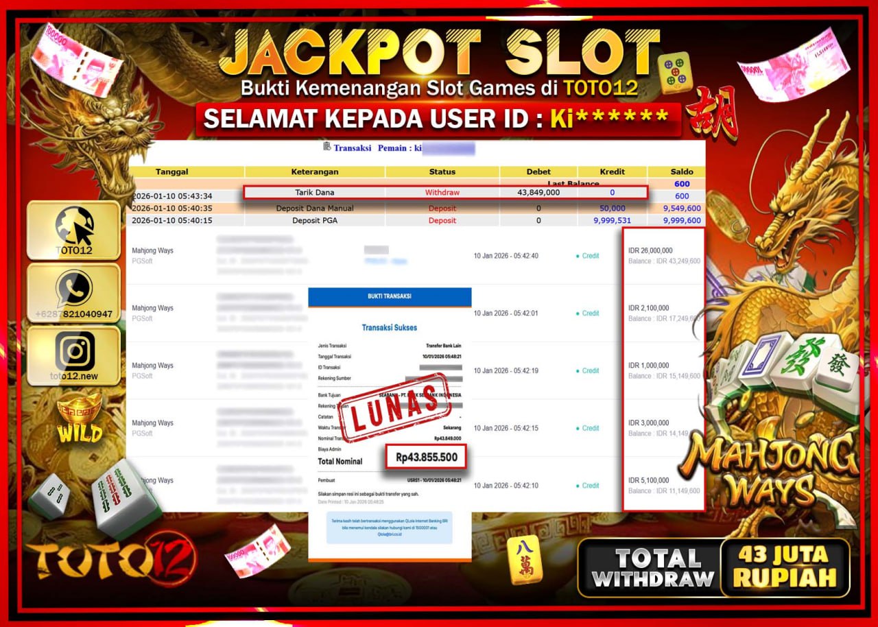 HANYA DI TOTO12 JP PASTI DI BAYAR LUNAS DAN CEPAT!!!!!! JACKPOT SLOT GAME (MAHJONG WAYS) Rp.43.849.000 !!!!