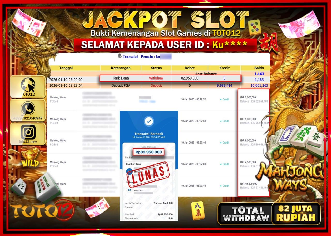 HANYA DI TOTO12 JP PASTI DI BAYAR LUNAS DAN CEPAT!!!!!! JACKPOT SLOT GAME (MAHJONG WAYS) Rp.82.950.000 !!!!