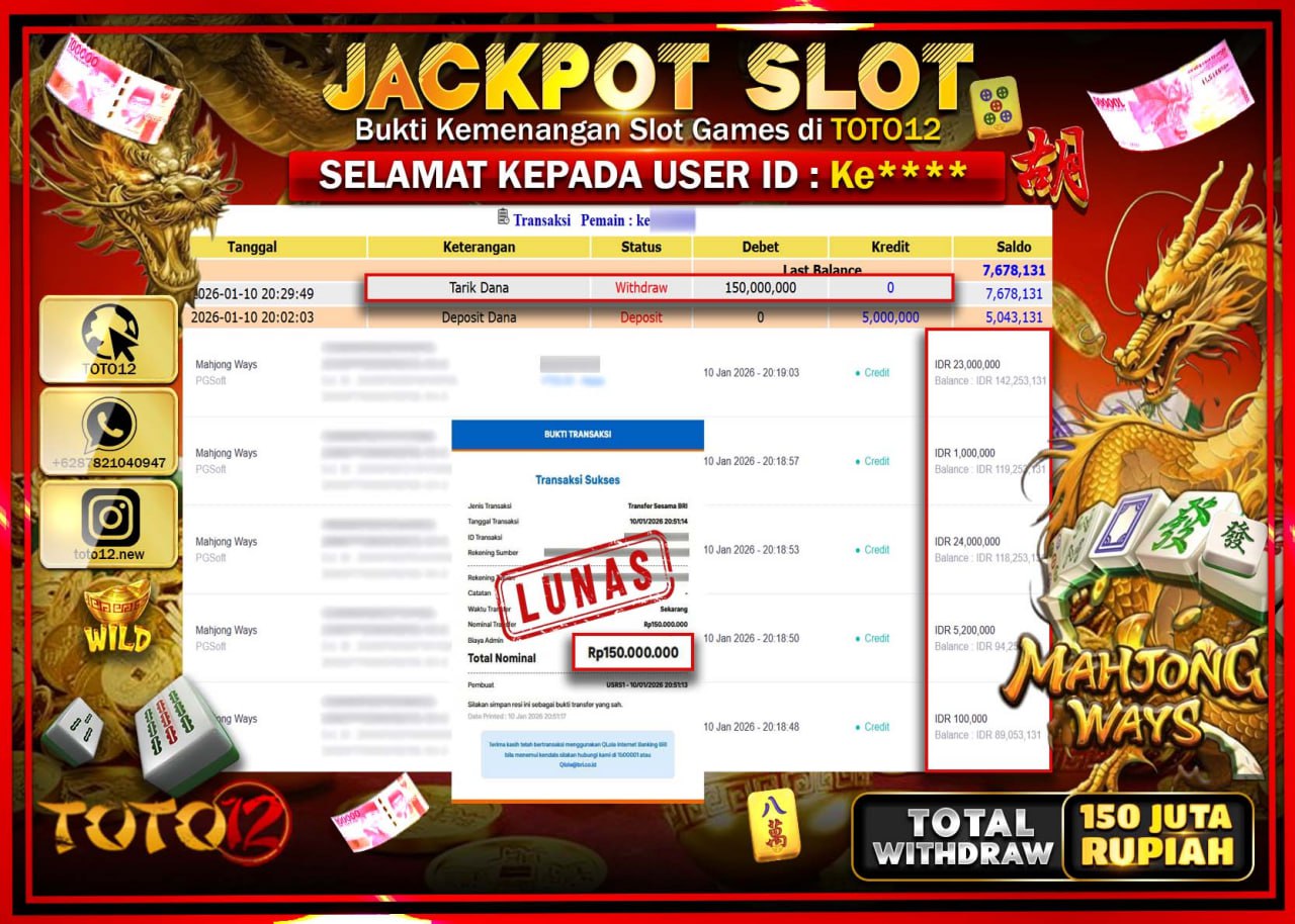 HANYA DI TOTO12 JP PASTI DI BAYAR LUNAS DAN CEPAT!!!!!! JACKPOT SLOT GAME (MAHJONG WAYS) Rp.150.000.000 !!!!