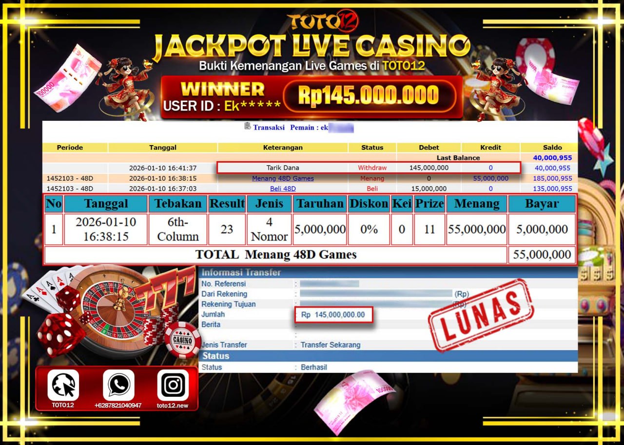 HANYA DI TOTO12 JP PASTI DI BAYAR LUNAS DAN CEPAT!!!!!! JACKPOT LIVE CASINO (48D GAMES) Rp.145.000.000 !!!!