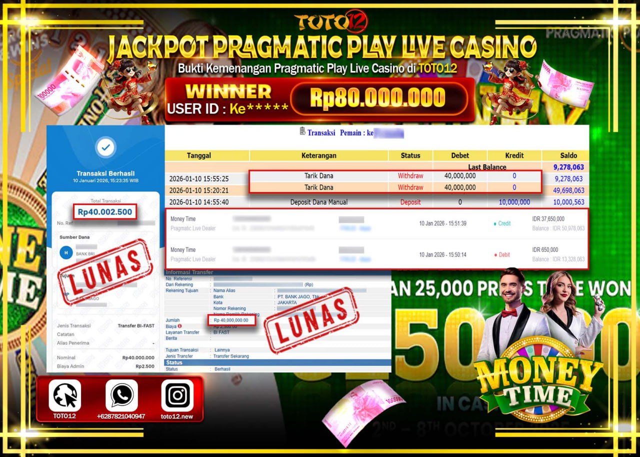 HANYA DI TOTO12 JP PASTI DI BAYAR LUNAS DAN CEPAT!!!!!! JACKPOT PRAGMATIC PLAY LIVE CASINO (MONEY TIME) Rp.80.000.000 !!!!