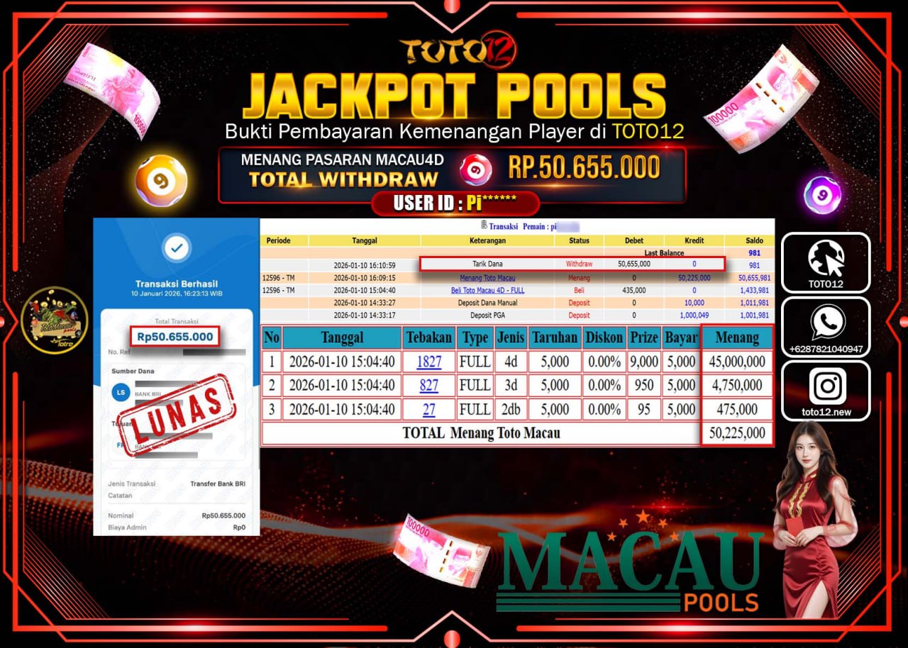 HANYA DI TOTO12 JP PASTI DI BAYAR LUNAS DAN CEPAT!!!!!! JACKPOT POOLS PASARAN (MACAU 4D) Rp.50.655.000 !!!!