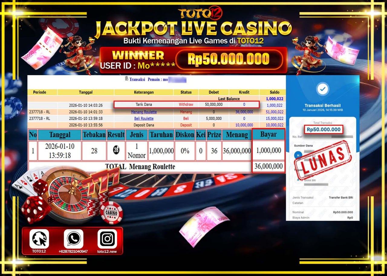 HANYA DI TOTO12 JP PASTI DI BAYAR LUNAS DAN CEPAT!!!!!! JACKPOT LIVE CASINO (ROULETTE) Rp.50.000.000 !!!!