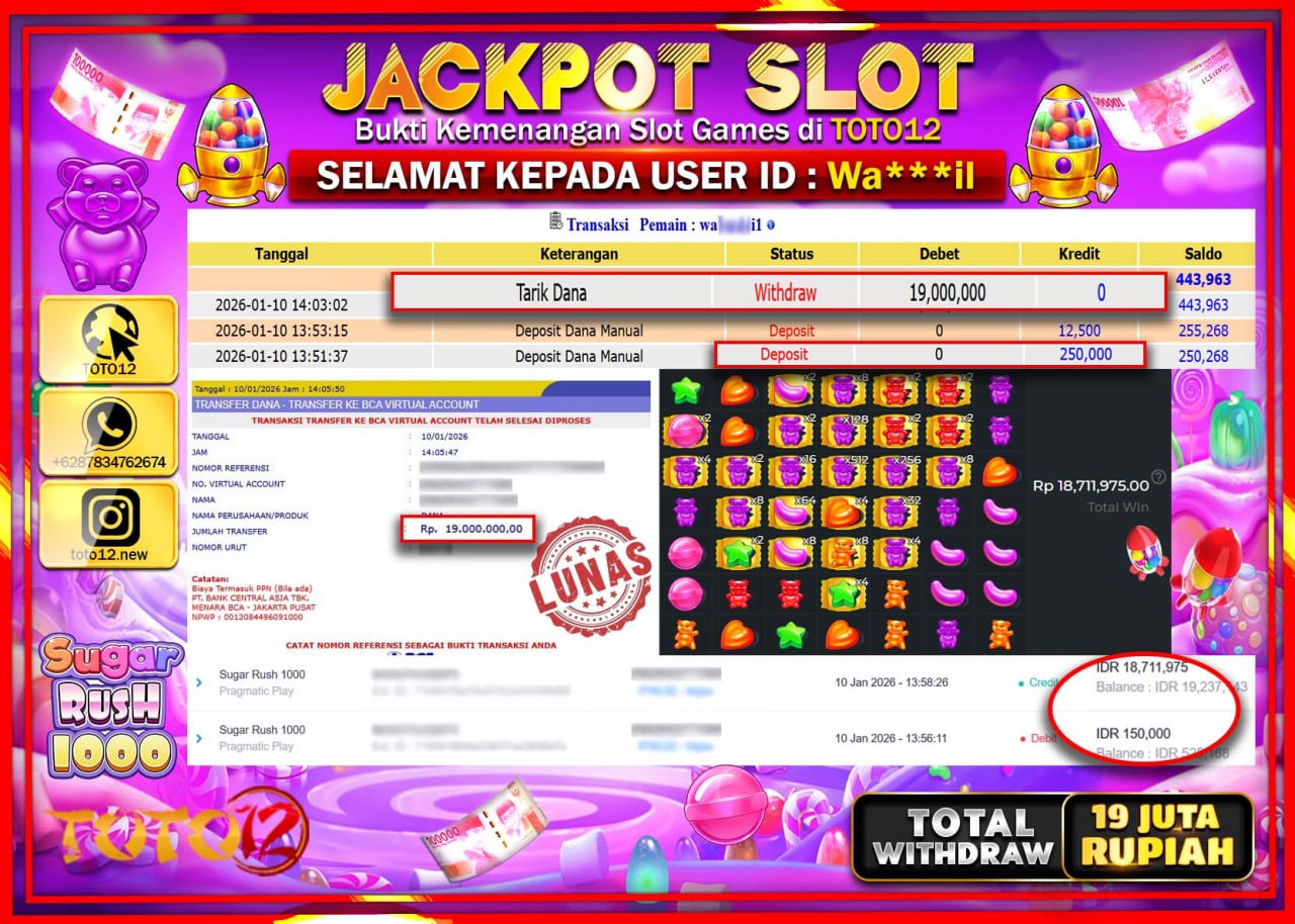 HANYA DI TOTO12 JP PASTI DI BAYAR LUNAS DAN CEPAT!!!!!! JACKPOT SLOT GAME (SUGAR RUSH 1000) Rp.19.000.000 !!!!