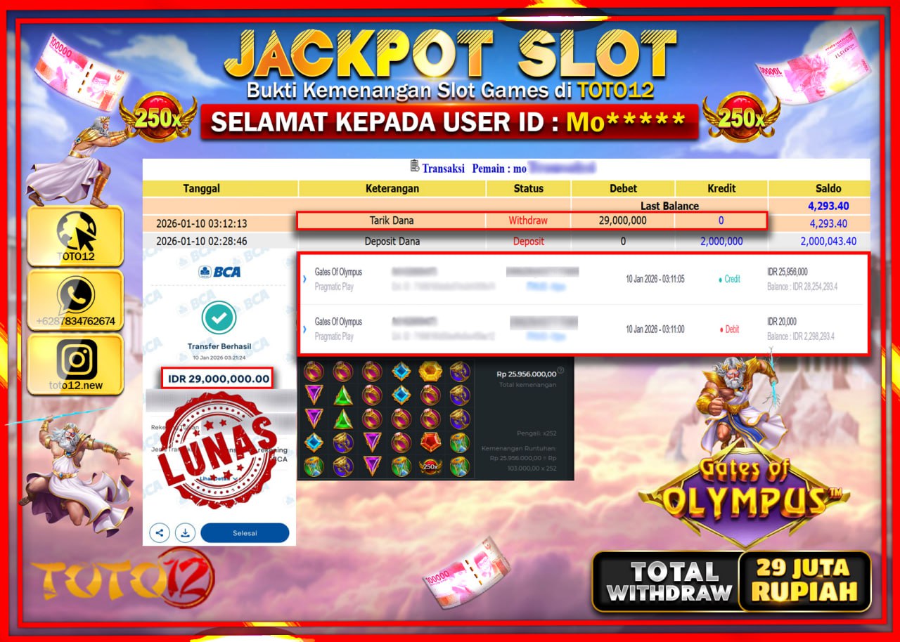 HANYA DI TOTO12 JP PASTI DI BAYAR LUNAS DAN CEPAT!!!!!! JACKPOT SLOT GAME (GATES OF OLYMPUS) Rp.29.000.000 !!!!