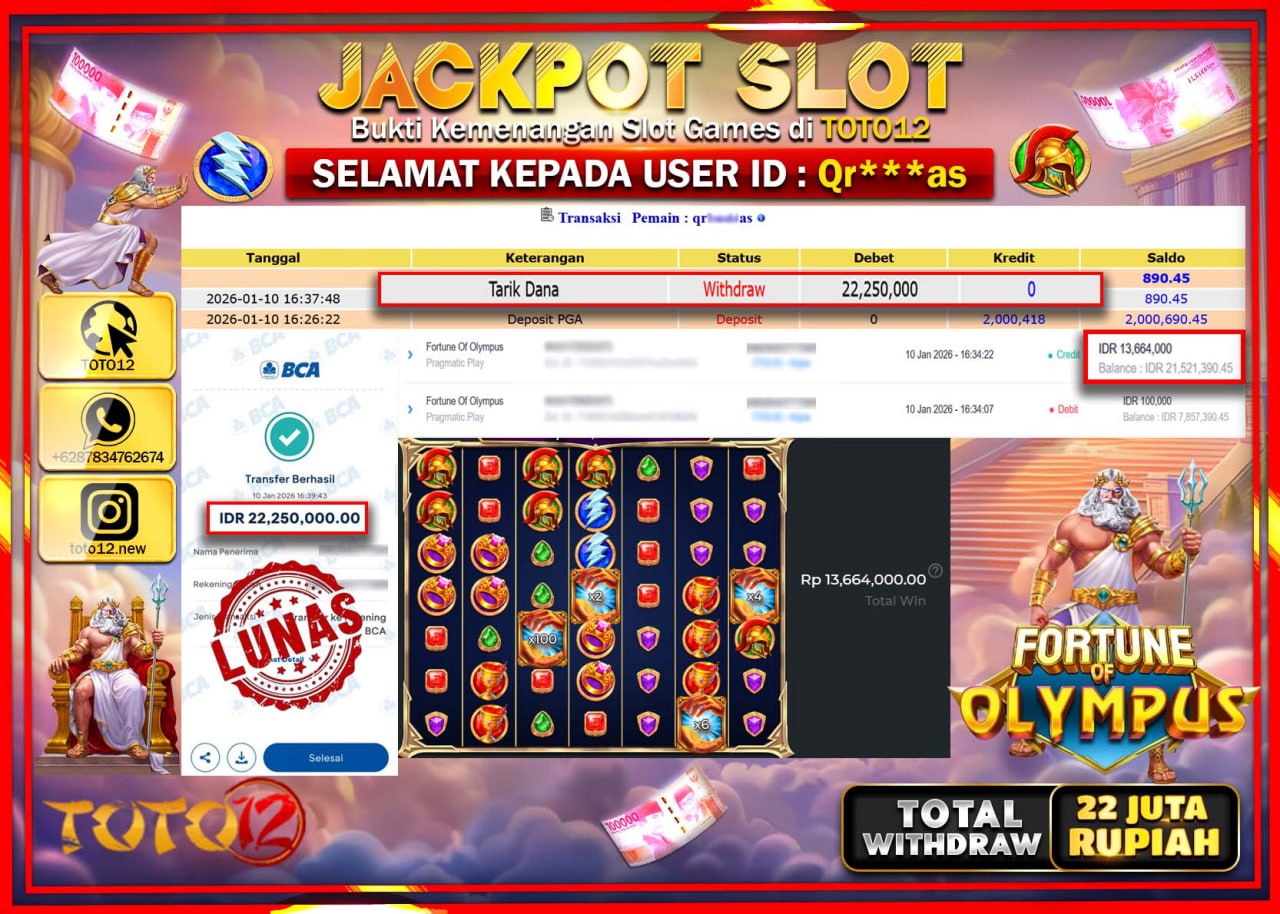 HANYA DI TOTO12 JP PASTI DI BAYAR LUNAS DAN CEPAT!!!!!! JACKPOT SLOT GAME (FORTUNE OF OLYMPUS) Rp.22.250.000 !!!!