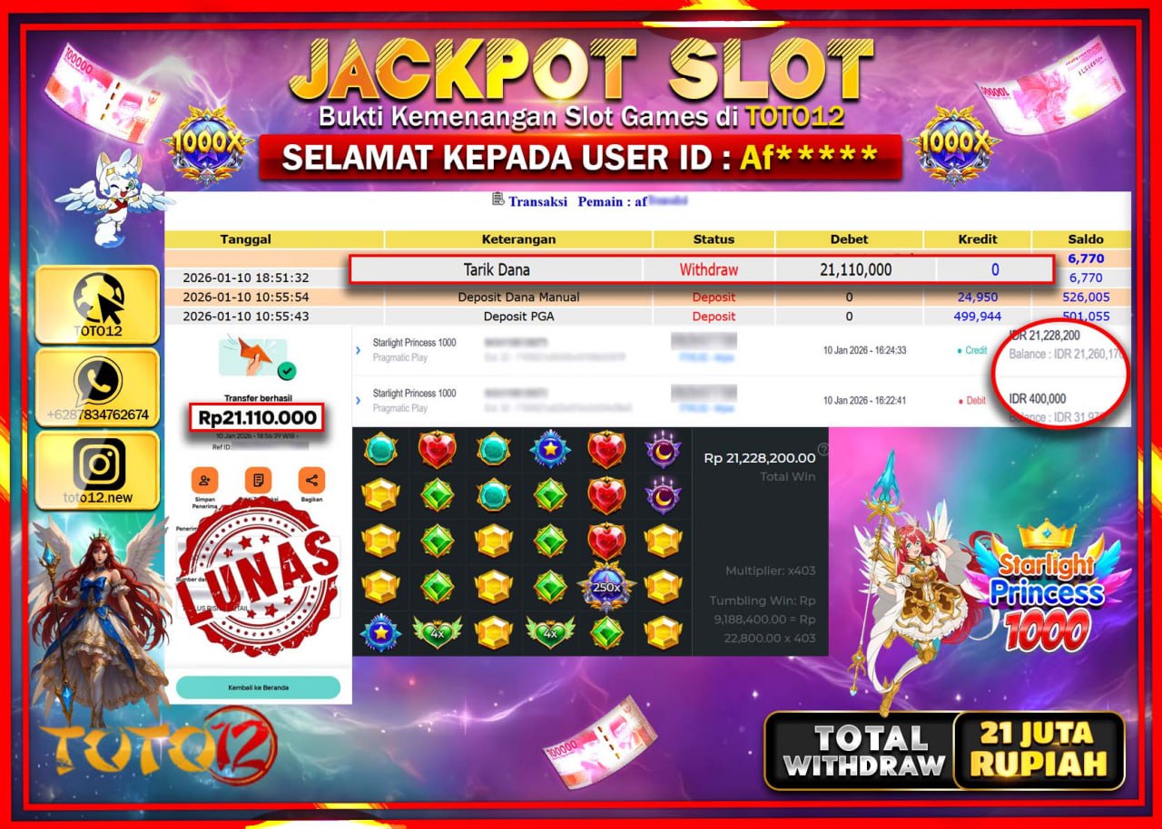 HANYA DI TOTO12 JP PASTI DI BAYAR LUNAS DAN CEPAT!!!!!! JACKPOT SLOT GAME (STARLIGHT PRINCESS 1000) Rp.21.110.000 !!!!
