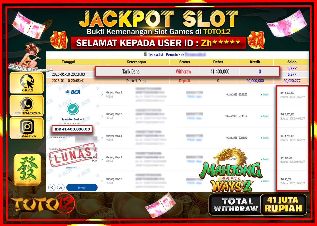 HANYA DI TOTO12 JP PASTI DI BAYAR LUNAS DAN CEPAT!!!!!! JACKPOT SLOT GAME (MAHJONG WAYS 2) Rp.41.400.000 !!!!