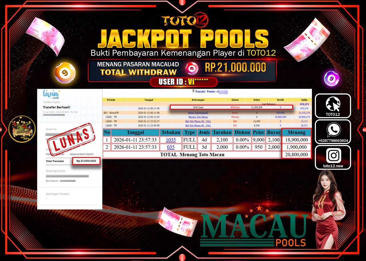 HANYA DI TOTO12 JP PASTI DI BAYAR LUNAS DAN CEPAT!!!!!! JACKPOT POOLS PASARAN (MACAU 4D) Rp.21.000.000 !!!!