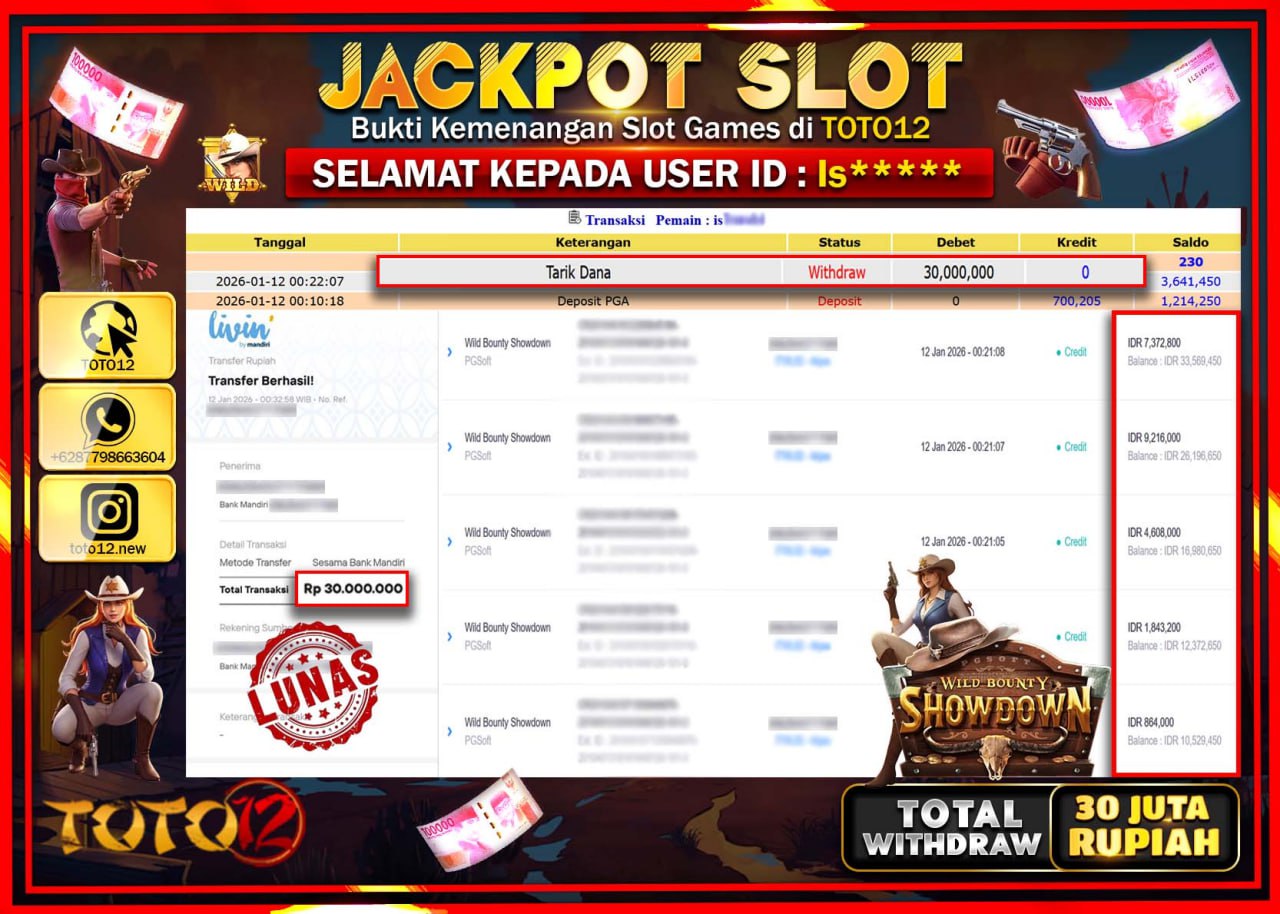 HANYA DI TOTO12 JP PASTI DI BAYAR LUNAS DAN CEPAT!!!!!! JACKPOT SLOT GAME (WILD BOUNTY SHOWDOWN) Rp.30.000.000 !!!!