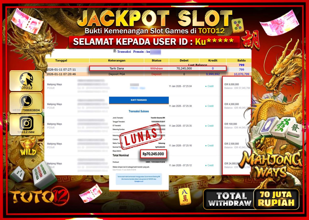 HANYA DI TOTO12 JP PASTI DI BAYAR LUNAS DAN CEPAT!!!!!! JACKPOT SLOT GAME (MAHJONG WAYS) Rp.70.245.000 !!!!