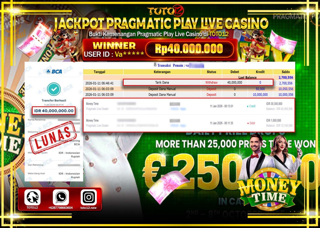 HANYA DI TOTO12 JP PASTI DI BAYAR LUNAS DAN CEPAT!!!!!! JACKPOT PRAGMATIC PLAY LIVE CASINO (MONEY TIME) Rp.40.000.000 !!!!