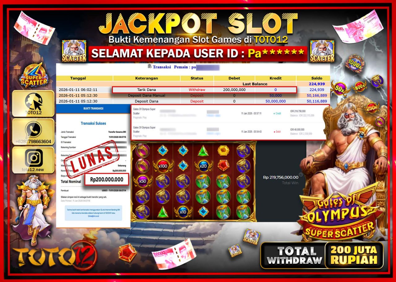 HANYA DI TOTO12 JP PASTI DI BAYAR LUNAS DAN CEPAT!!!!!! JACKPOT SLOT GAME (GATES OF OLYMPUS SUPER SCATTER) Rp.200.000.000 !!!!