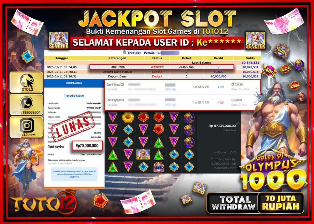 HANYA DI TOTO12 JP PASTI DI BAYAR LUNAS DAN CEPAT!!!!!! JACKPOT SLOT GAME (GATES OF OLYMPUS 1000) Rp.70.000.000 !!!!