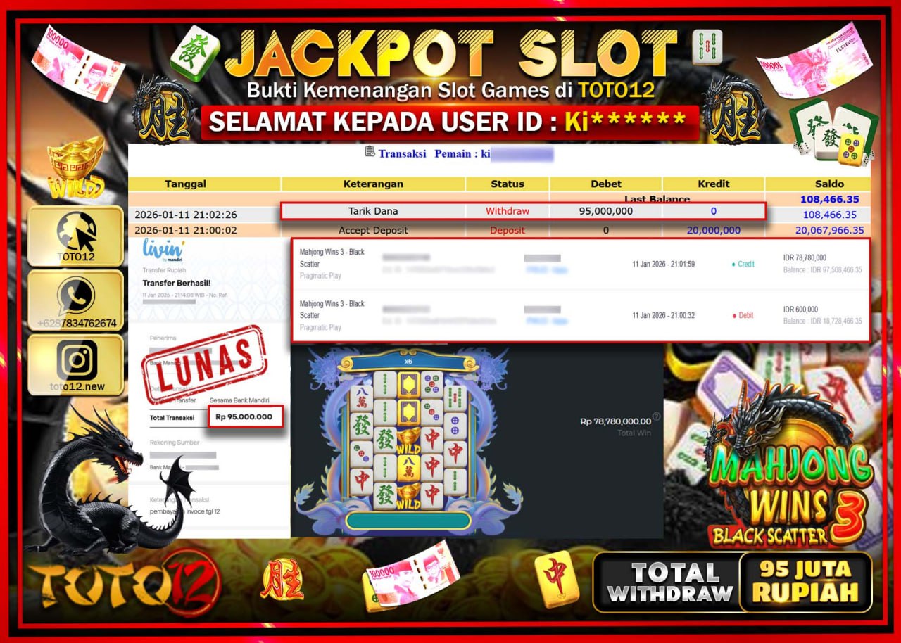 HANYA DI TOTO12 JP PASTI DI BAYAR LUNAS DAN CEPAT!!!!!! JACKPOT SLOT GAME (MAHJONG WINS 3 BLACK SCATTER) Rp.95.000.000 !!!!