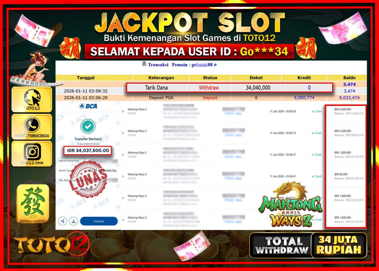 HANYA DI TOTO12 JP PASTI DI BAYAR LUNAS DAN CEPAT!!!!!! JACKPOT SLOT GAME (MAHJONG WAYS 2) Rp.34.040.000 !!!!
