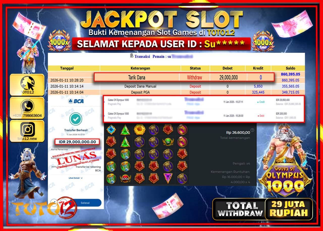 HANYA DI TOTO12 JP PASTI DI BAYAR LUNAS DAN CEPAT!!!!!! JACKPOT SLOT GAME (GATES OF OLYMPUS 1000) Rp.29.000.000 !!!!