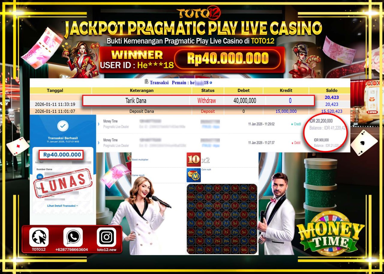 HANYA DI TOTO12 JP PASTI DI BAYAR LUNAS DAN CEPAT!!!!!! JACKPOT PRAGMATIC PLAY LIVE CASINO (MONEY TIME) Rp.40.000.000 !!!!
