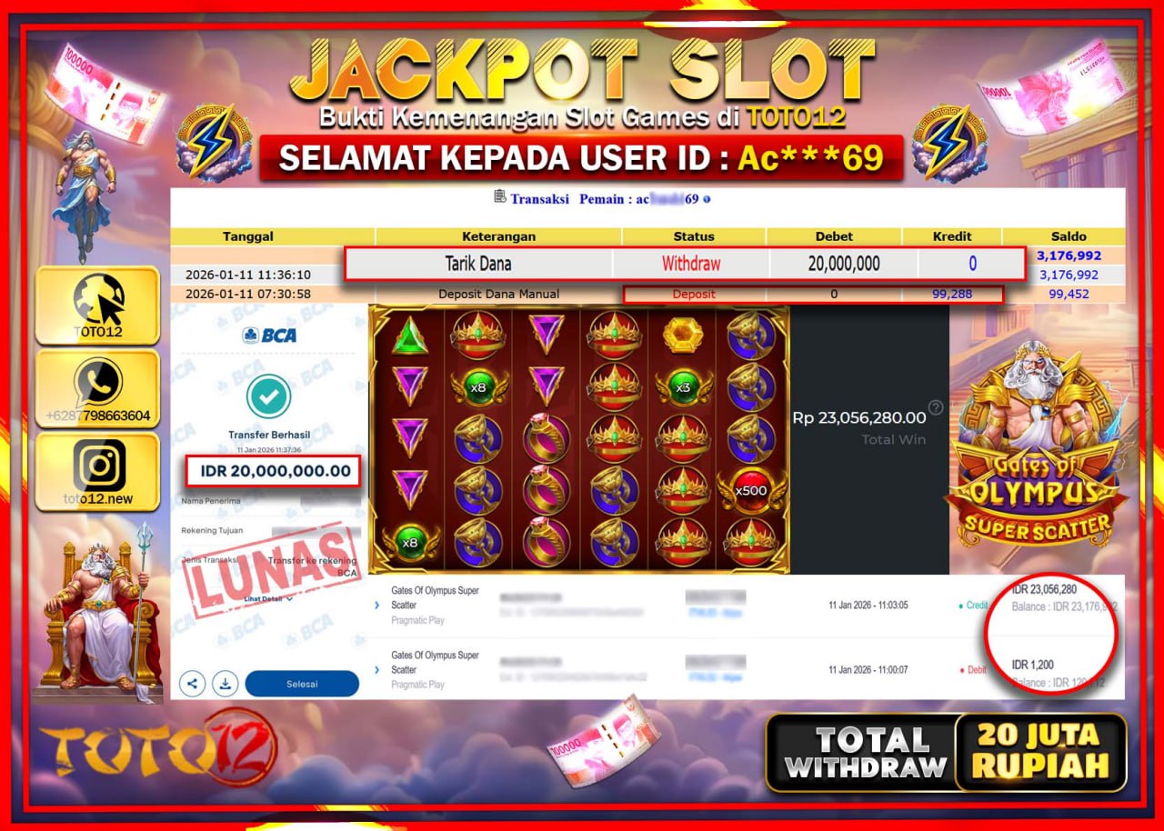 HANYA DI TOTO12 JP PASTI DI BAYAR LUNAS DAN CEPAT!!!!!! JACKPOT SLOT GAME (GATES OF OLYMPUS SUPER SCATTER) Rp.20.000.000 !!!!