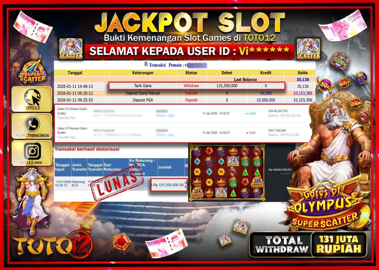 HANYA DI TOTO12 JP PASTI DI BAYAR LUNAS DAN CEPAT!!!!!! JACKPOT SLOT GAME (GATES OF OLYMPUS SUPER SCATTER) Rp.131.550.000 !!!!
