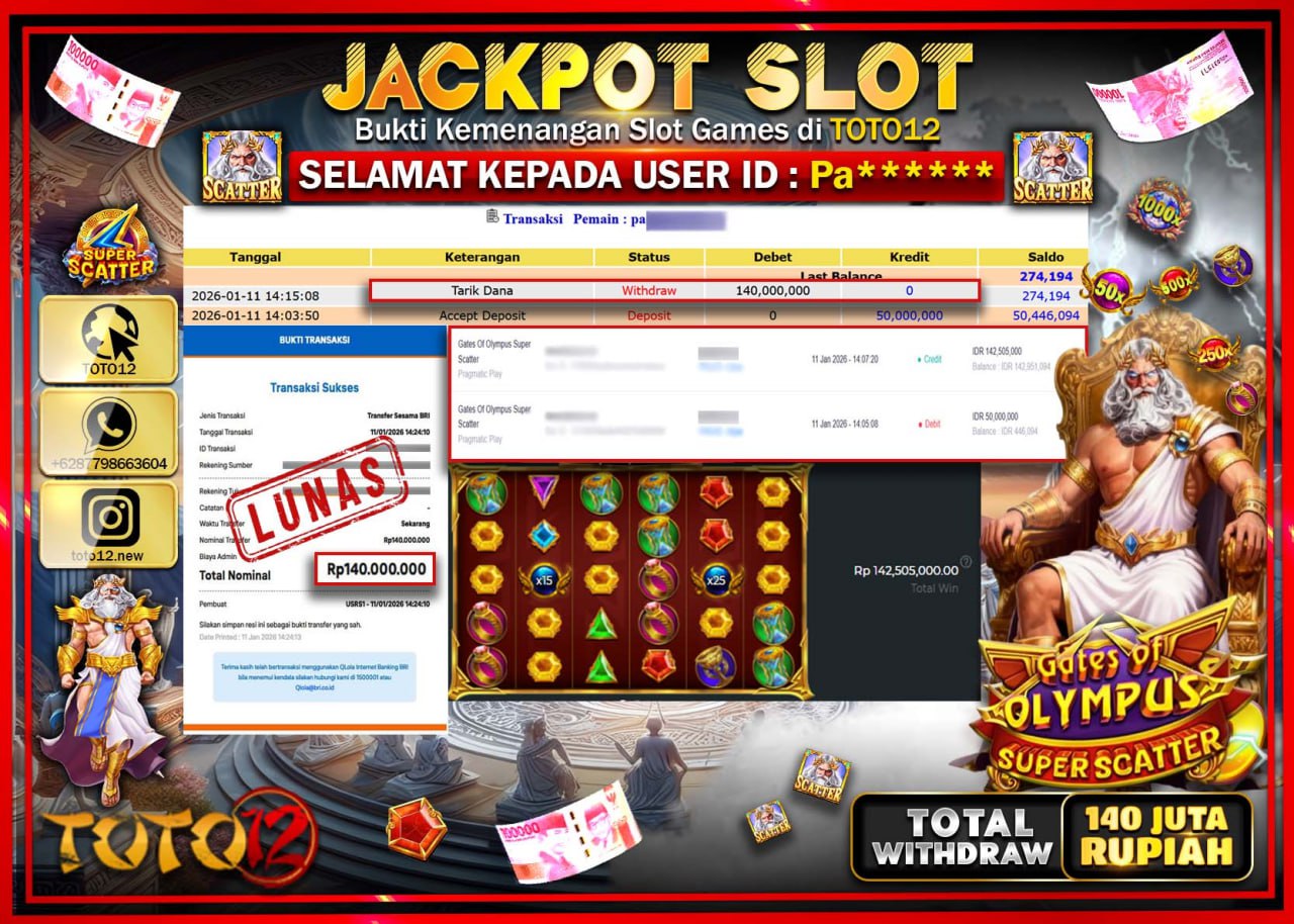 HANYA DI TOTO12 JP PASTI DI BAYAR LUNAS DAN CEPAT!!!!!! JACKPOT SLOT GAME (GATES OF OLYMPUS SUPER SCATTER) Rp.140.000.000 !!!!