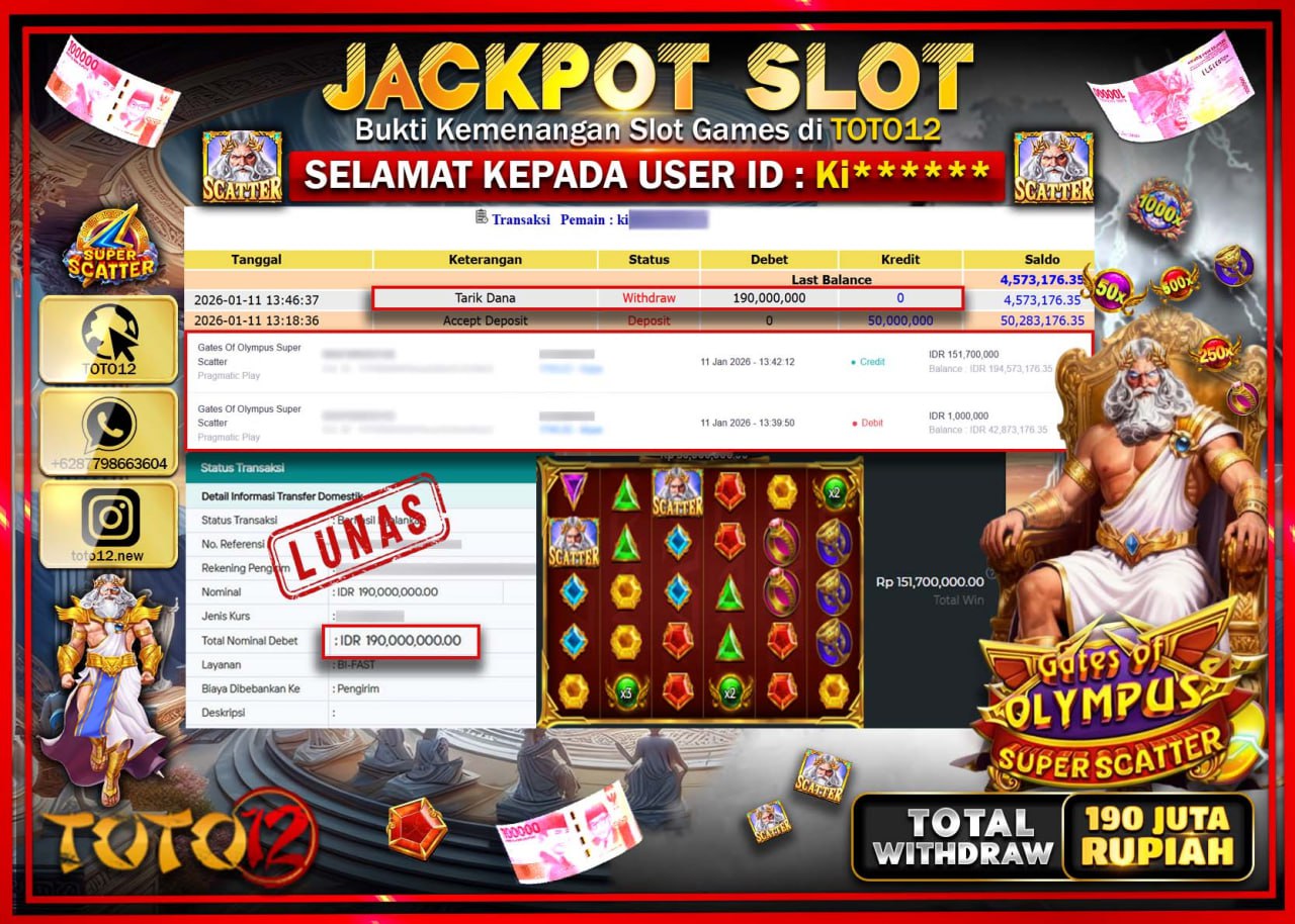 HANYA DI TOTO12 JP PASTI DI BAYAR LUNAS DAN CEPAT!!!!!! JACKPOT SLOT GAME (GATES OF OLYMPUS SUPER SCATTER) Rp.190.000.000 !!!!